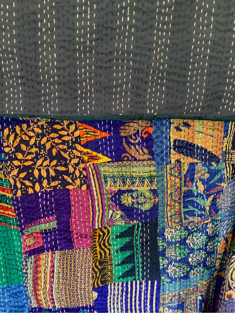 Handmade Patchwork Kantha Quilt in Multicolor Blue & Green QUEEN Size